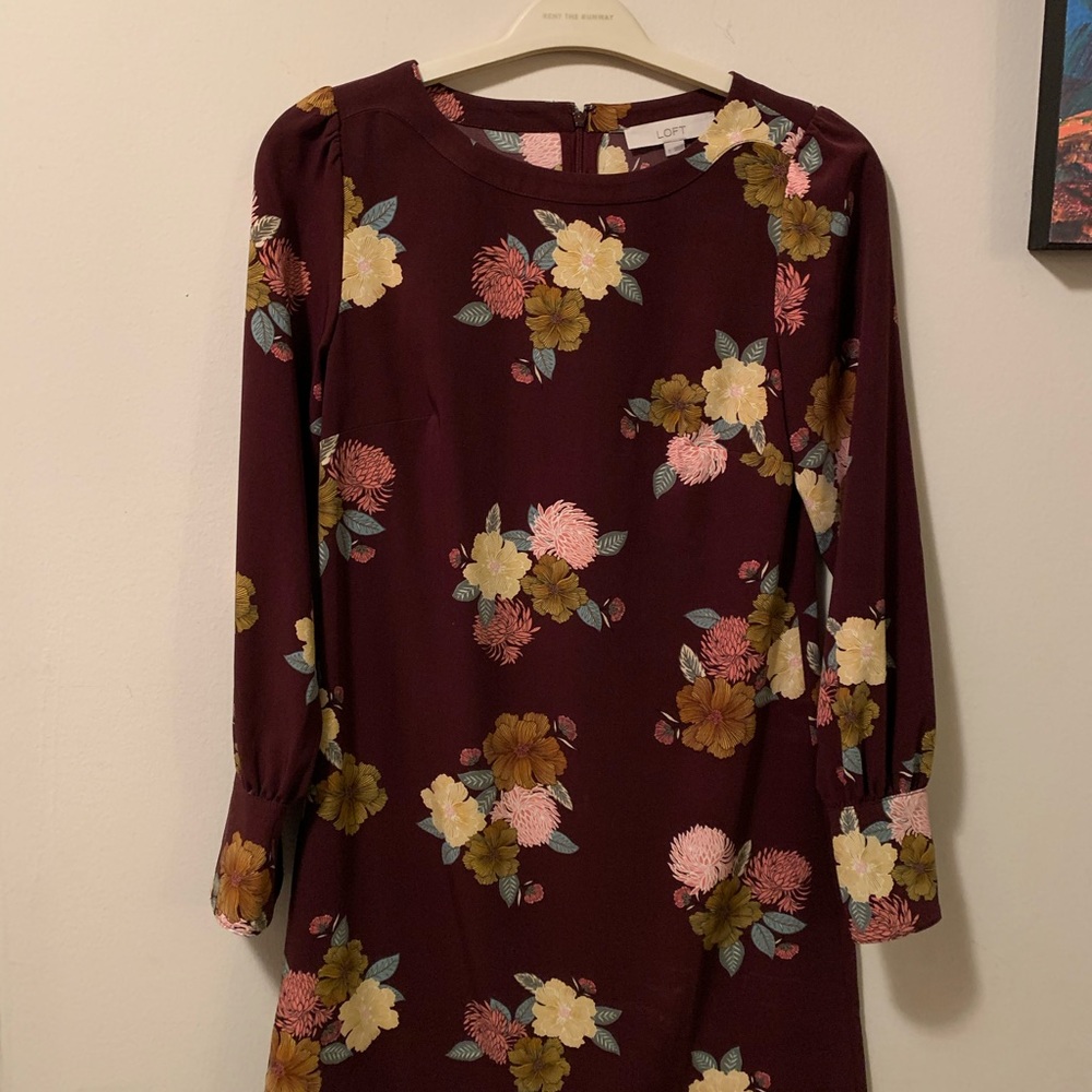 LOFT fall floral maroon sheath